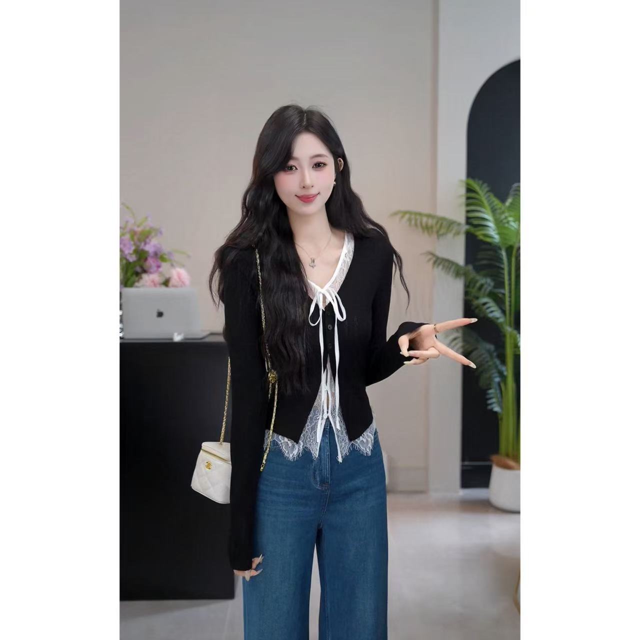 YUANLIANSU/圆脸酥【青衫书生】气质蕾丝打底衫+针织衫两件套女秋季