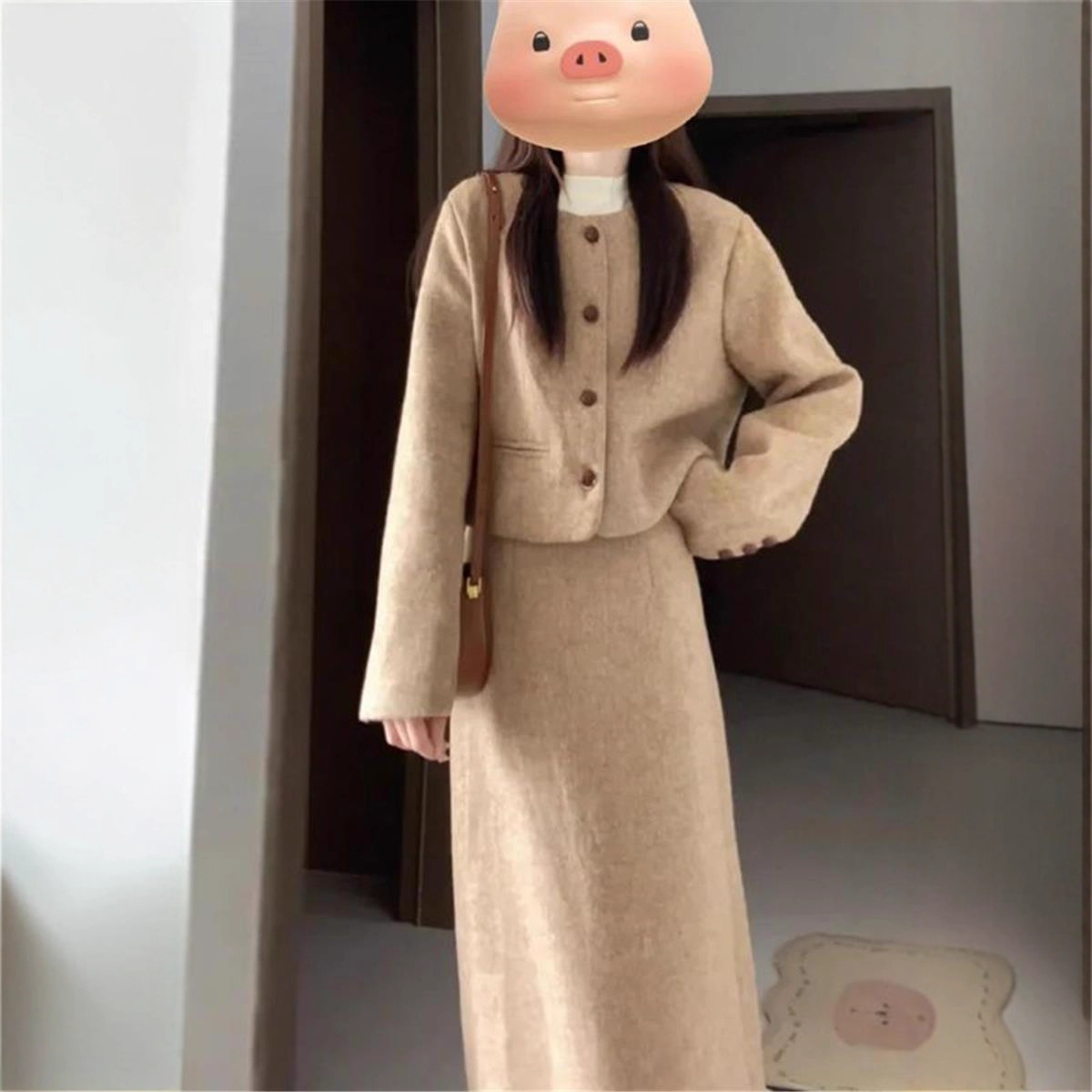 早秋韩系穿搭套装小香风感毛呢外套半身裙大方得体穿搭两件套套装