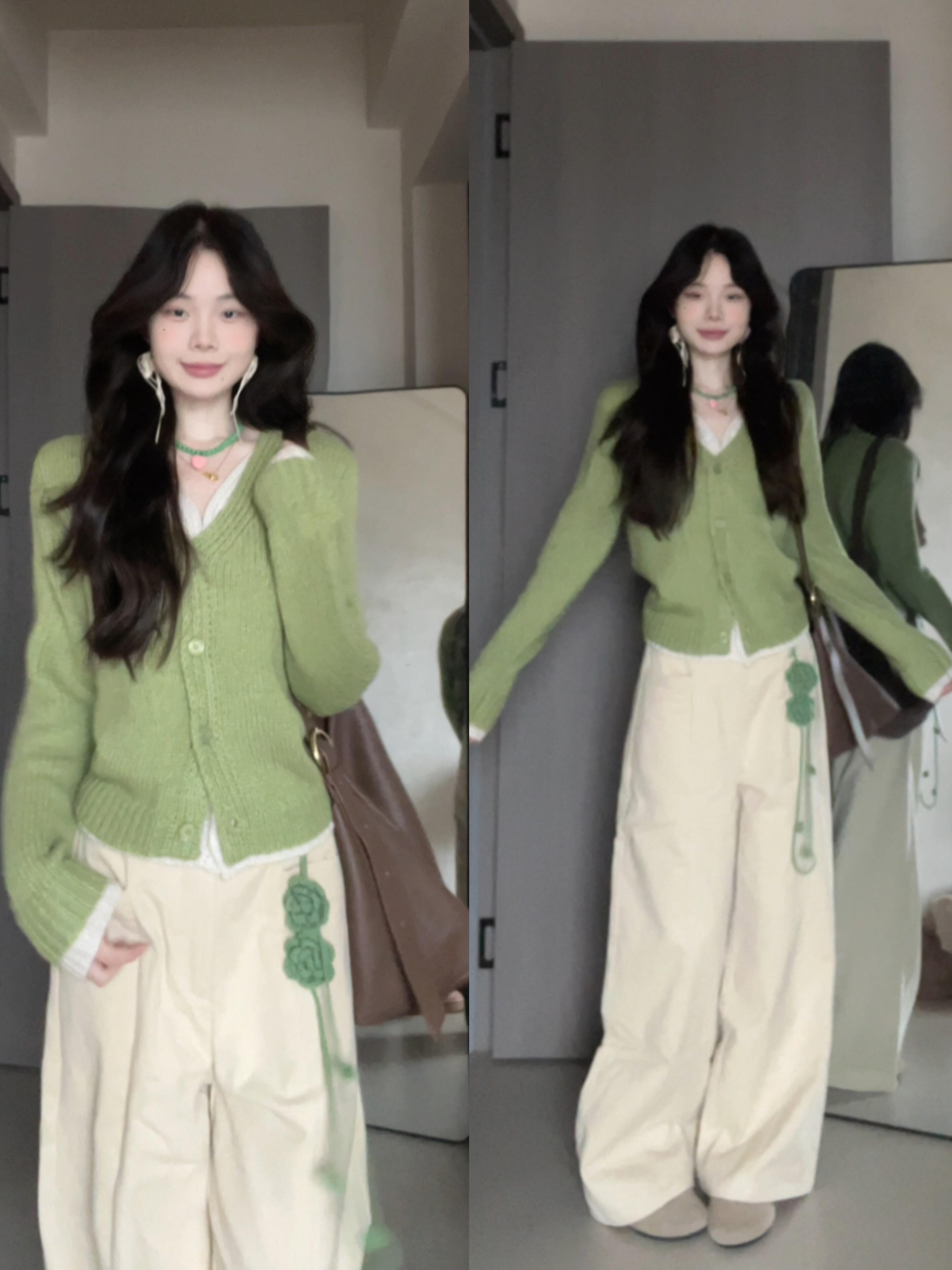 巨好看的两件套冬装一整套穿搭假两件V领毛衣针织衫休闲裤套装女