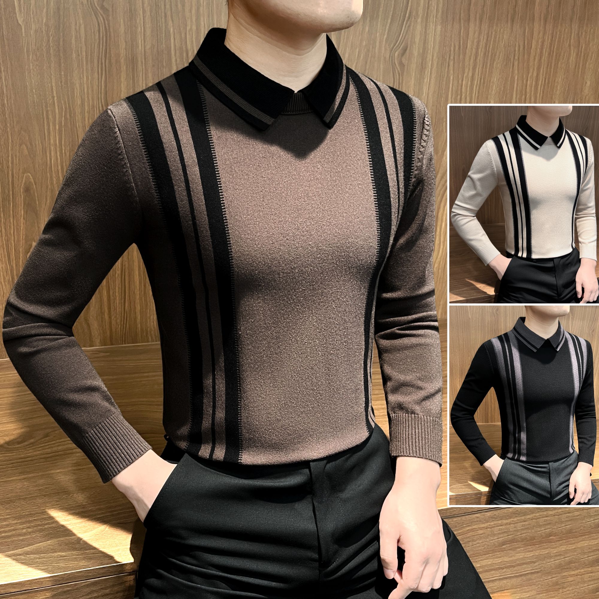 条纹假两件针织衫男装秋季款爆款2025新款痞帅高级感打底衫休闲男