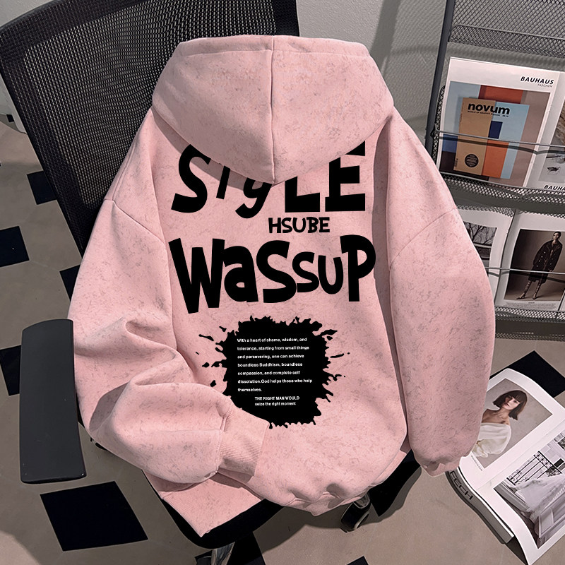 WASSUP HSUBE潮牌美式男女连帽卫衣秋冬字母印花宽松外套加绒上衣