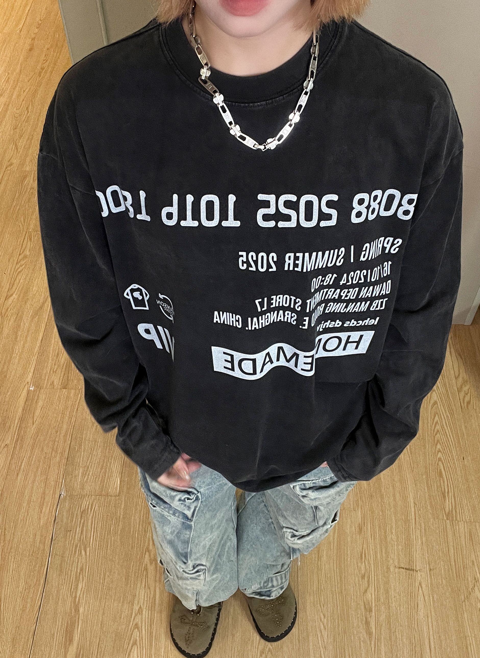 【日志日报】美式休闲设计感小领口宽松字母印花长袖T恤hiphop