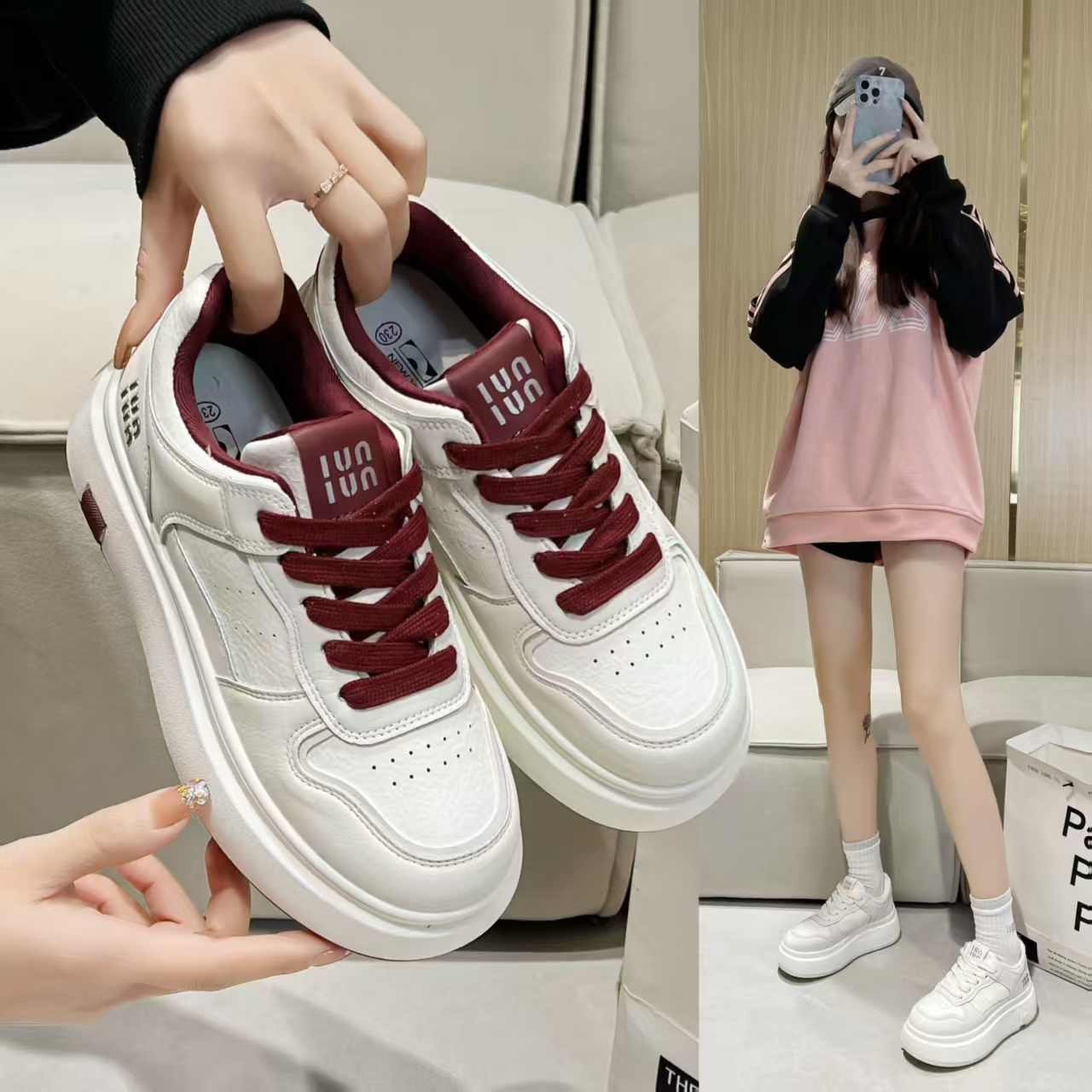 2025春秋安哥拉红全皮经典小白女鞋增高厚底百搭便防滑软