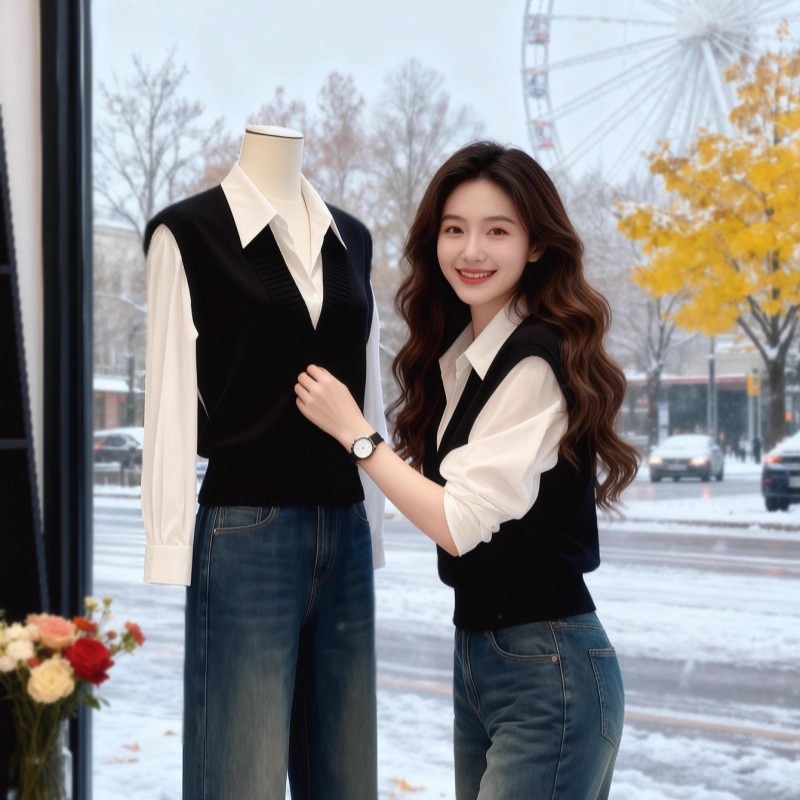 大码韩系衬衣通勤风假两件针织背心衬衫女秋冬新款内搭打底衫上衣