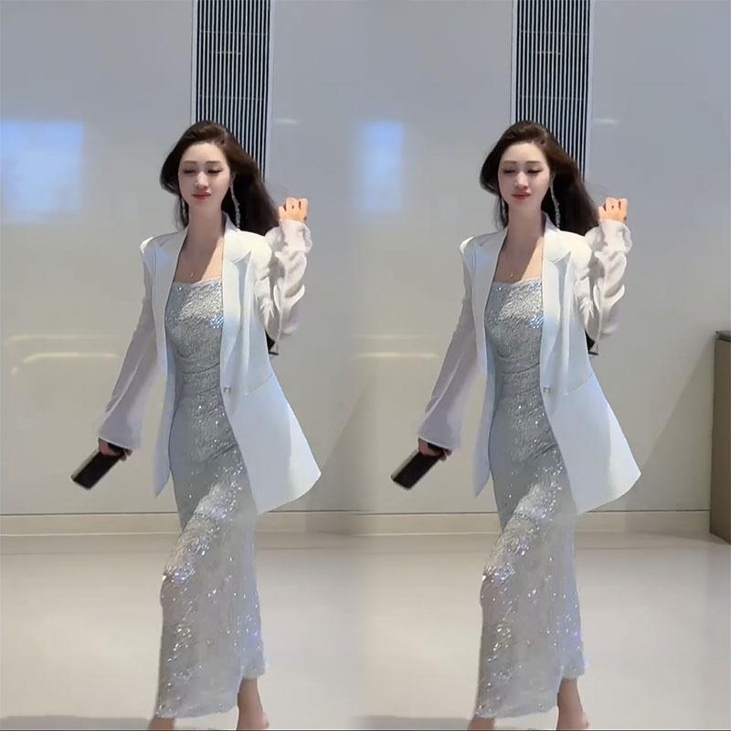 2025春季新款时尚气质显瘦感西装气质亮片女神范连衣裙两件套