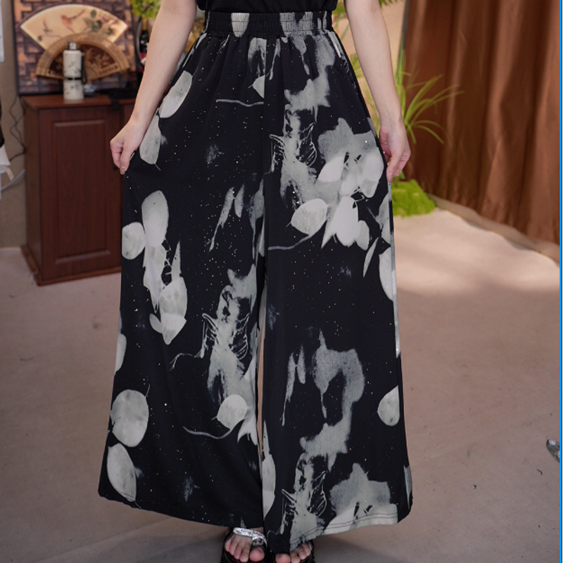 058/ J 新款气质漂亮水墨花阔腿裤夏凉裤松紧腰水墨画舒适爱美
