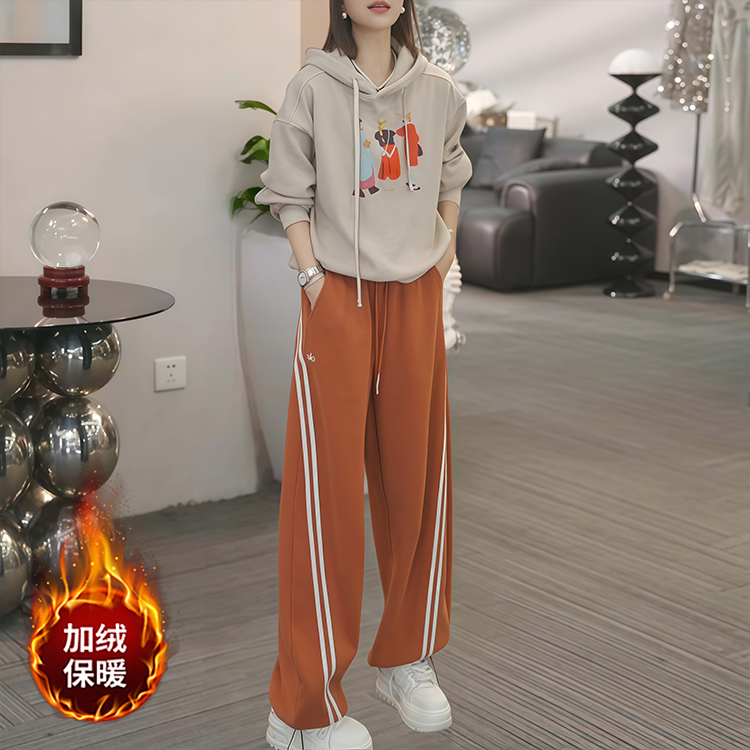 冬季宽松加绒保暖烫钻连帽卫衣女爱玛橙潮牌休闲卫裤时尚两件套装