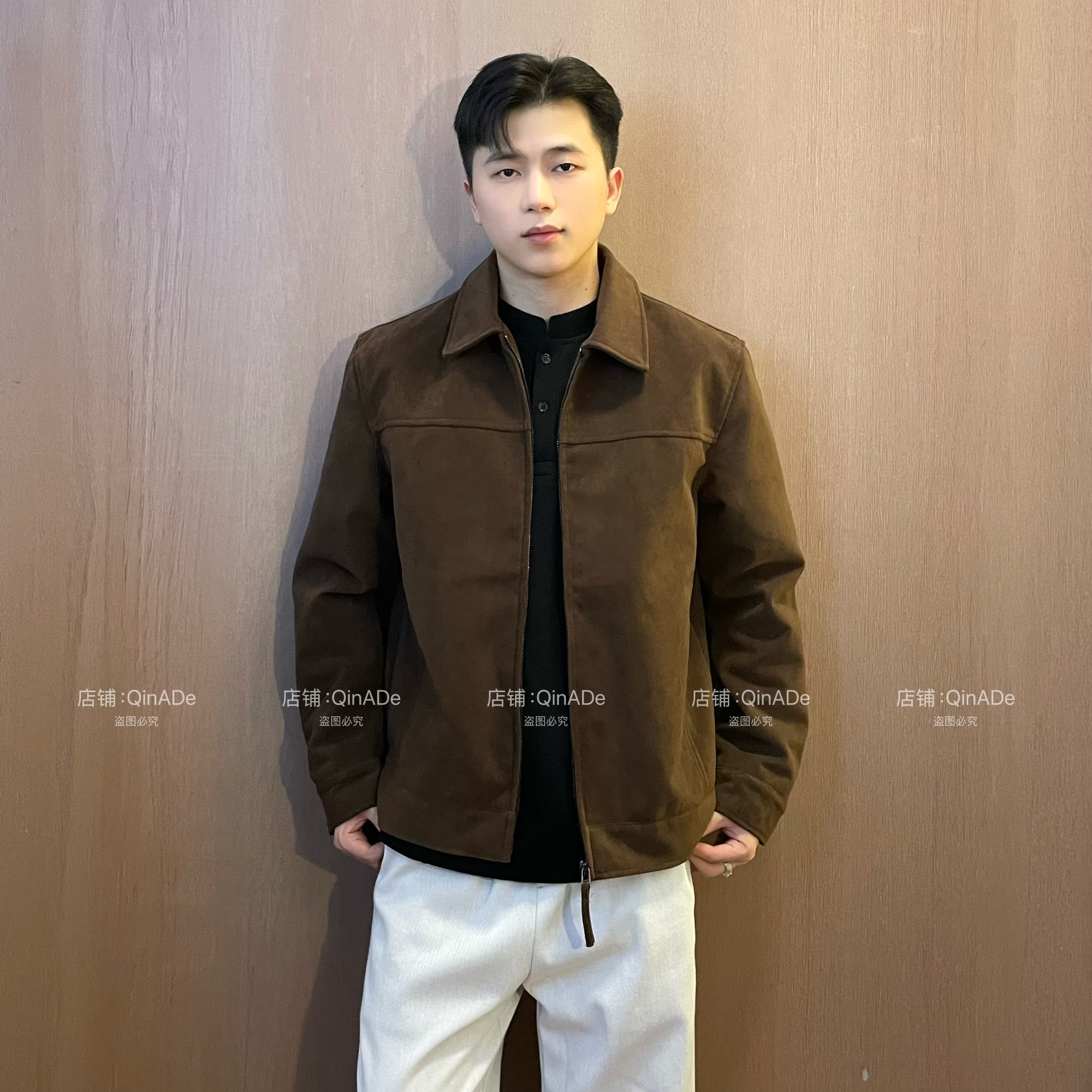 QinADe荒野系列美式仿麂皮夹克磨砂高级感休闲户外翻领复古外套