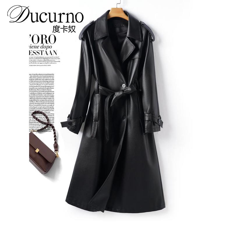 年秋冬新款皮衣女中长款双排扣风衣外套时尚气质显瘦真皮2025