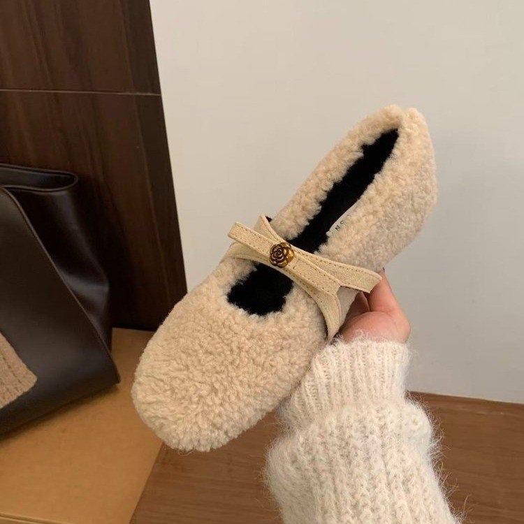 法式中跟玛丽珍毛毛鞋女鞋子秋冬季新款配裙子晚晚鞋加绒水钻单鞋