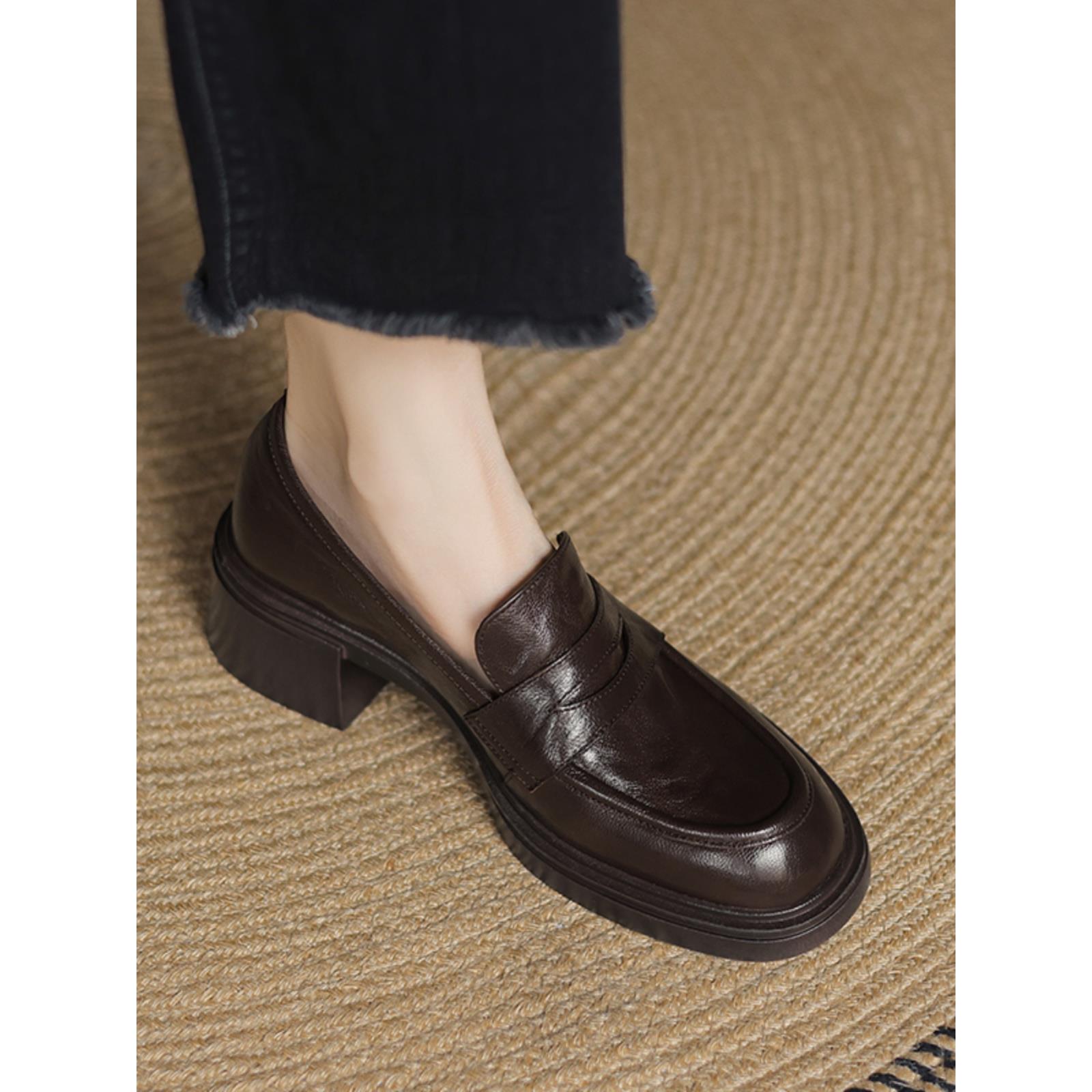 TOUCH MISS5cm静音~新款真皮单鞋女粗跟小皮鞋英伦风厚底乐福鞋子