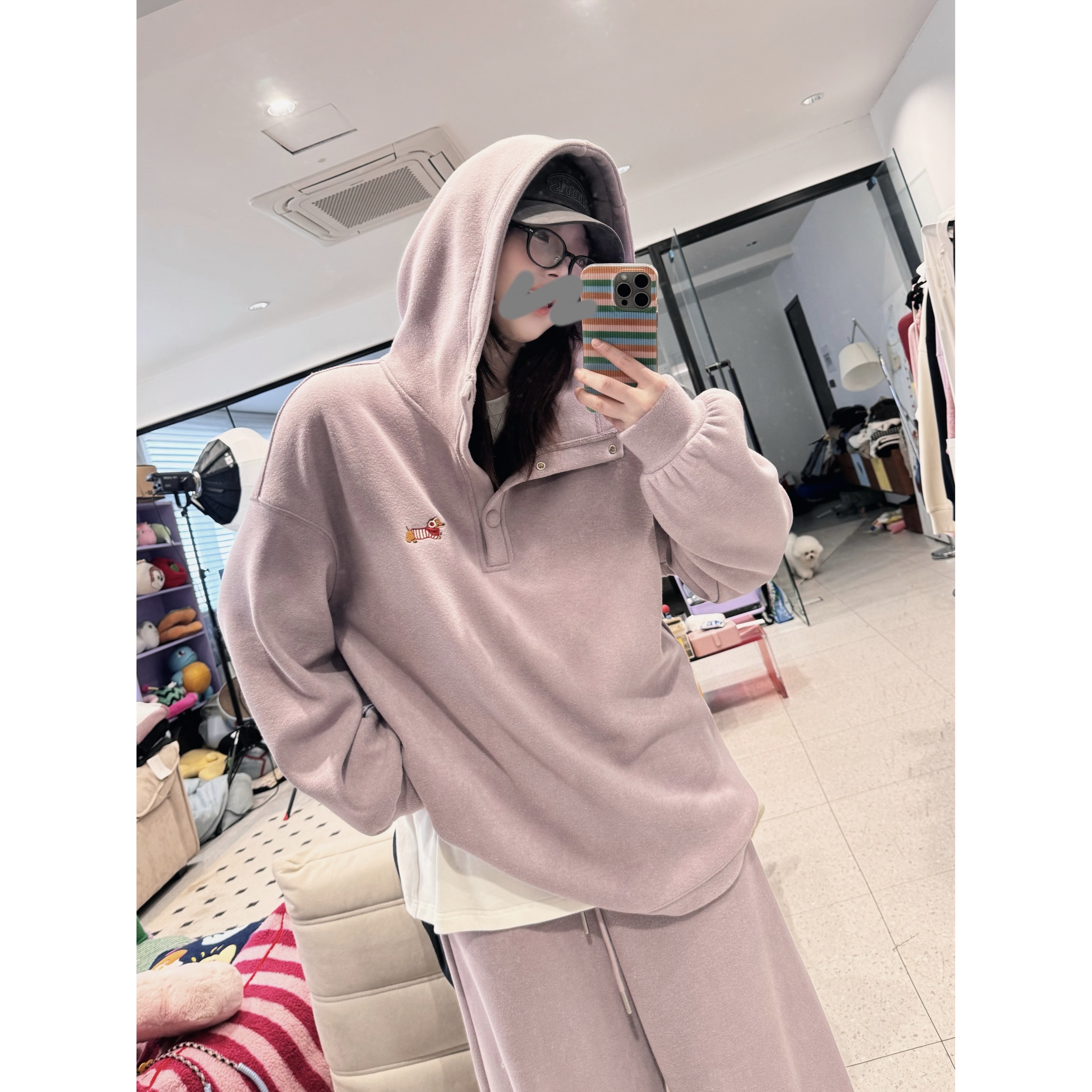 晶咕【季节实况！】胸前腊肠狗刺绣连帽卫衣+全松紧高腰抽绳休闲裤