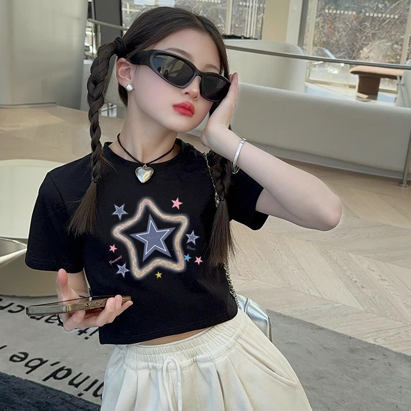 女童短袖t恤2025新款潮牌炸街夏季洋气黑色儿童短款高腰上衣修身