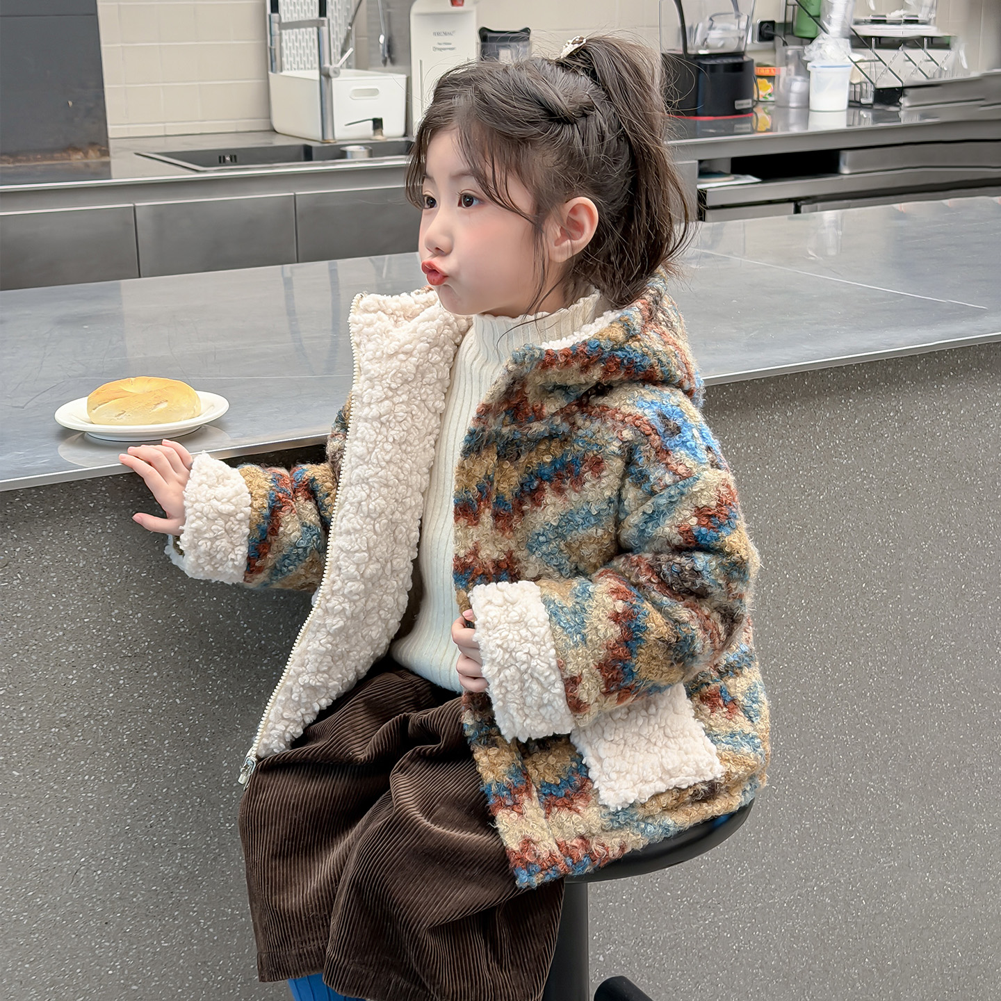 女童双面穿羊羔绒外套冬装儿童加绒加厚洋气毛毛衣女宝宝冬装保暖