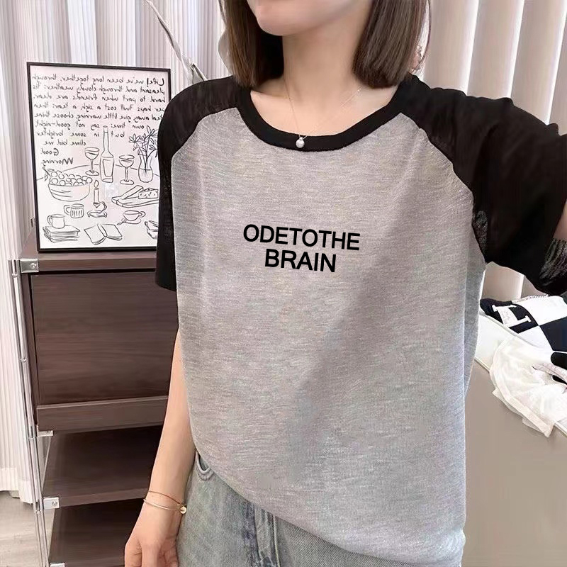 竹节棉短袖圆领拼接T恤女夏季宽松休闲显瘦薄款透气纯棉撞色上衣T