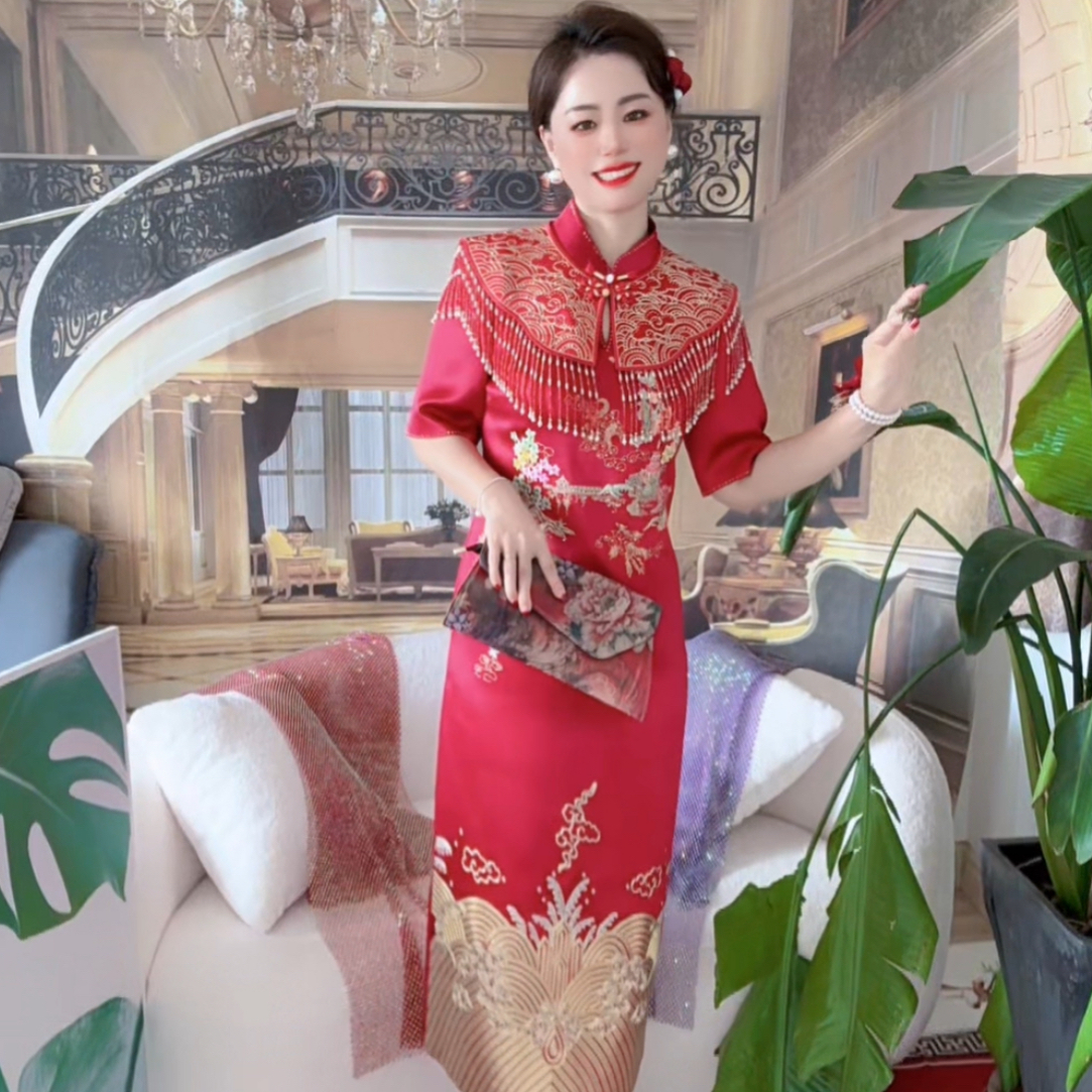 喜婆婆喜妈妈秋季醋酸提花凤凰祥云红色复古礼服旗袍时尚中长款