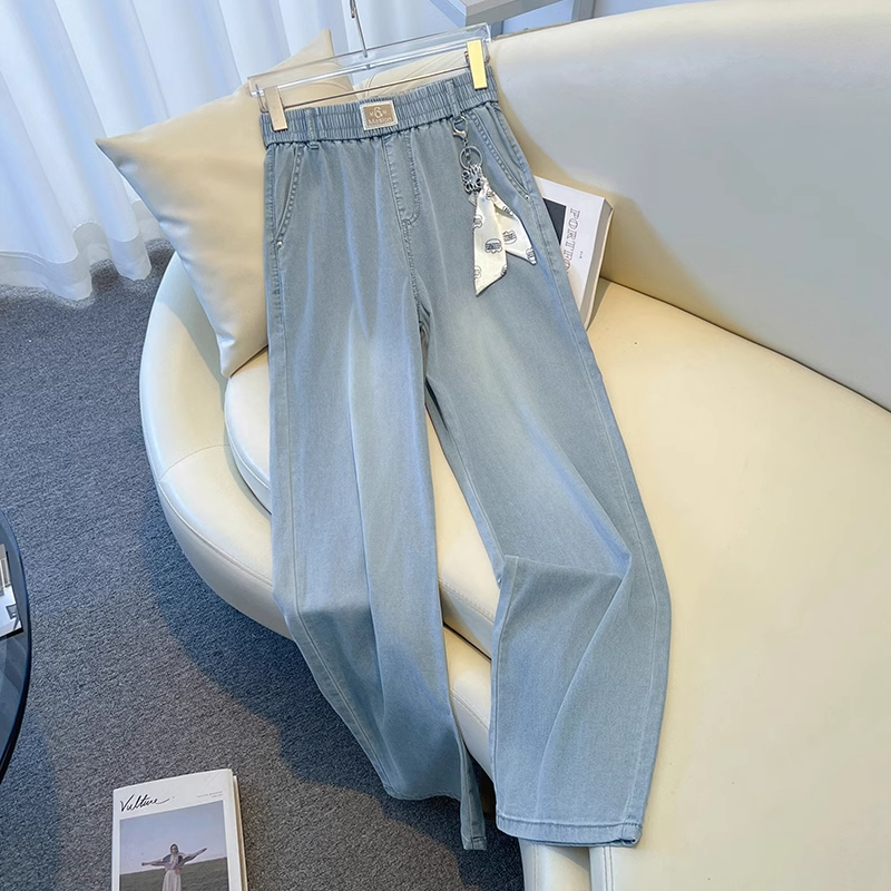 拉夏贝尔松紧腰阔腿裤薄款2025立体装饰牛仔裤休闲百搭宽松直筒裤