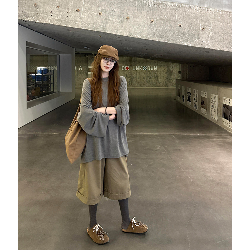 parkyeon慵懒简约宽松长袖T恤上衣女秋季高腰显瘦阔腿休闲裤套装