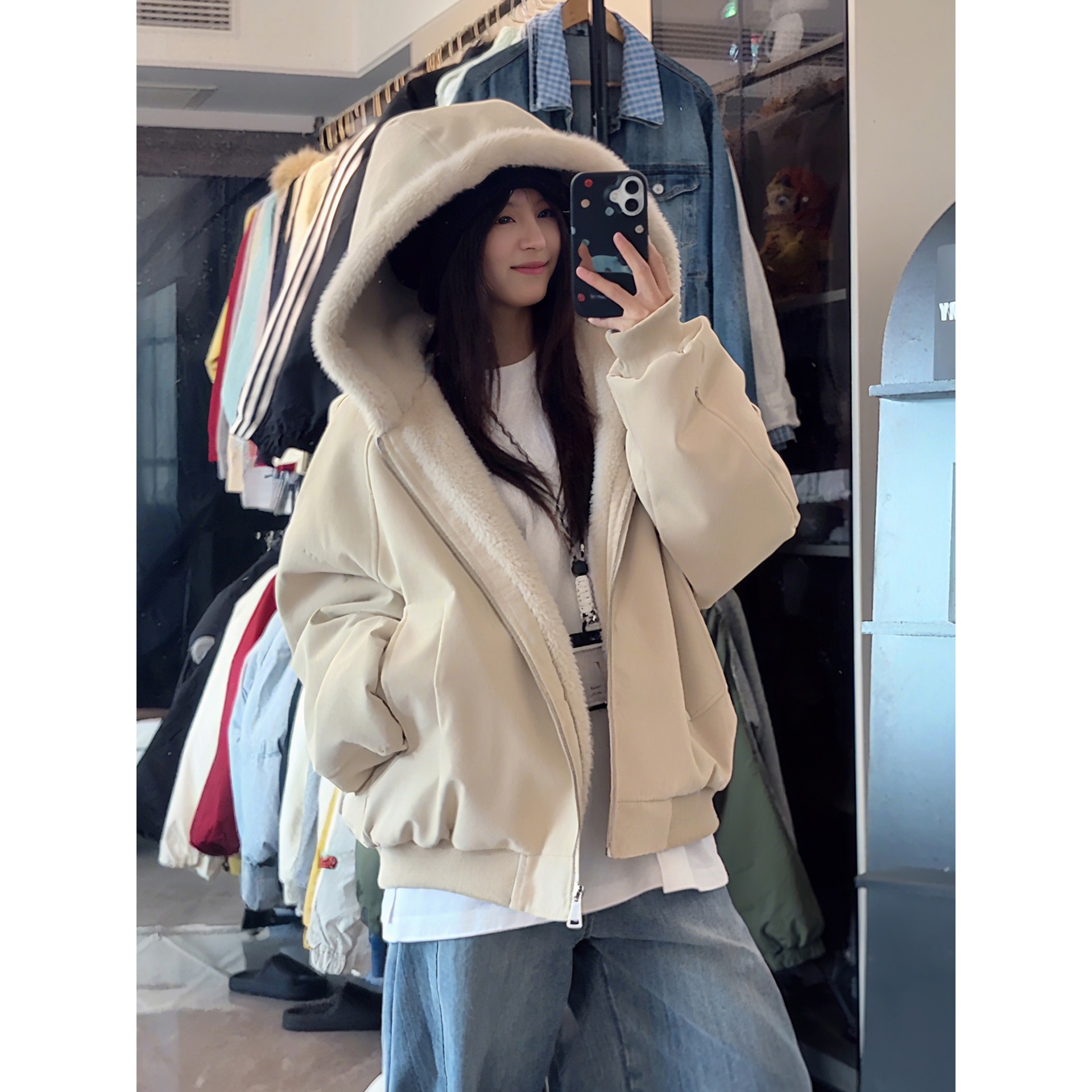 美式座山雕pu皮衣外套男女款冬季加厚羊羔绒棉服连帽毛领夹克棉袄