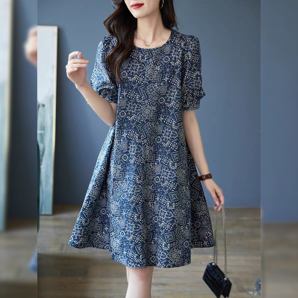 大码女装300斤胖MM夏季时尚慵懒风高腰印花A字连衣裙160