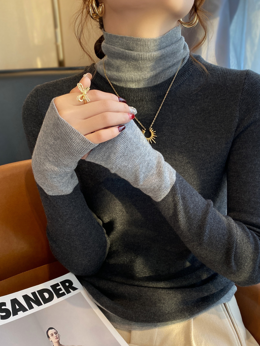 假两件高领毛衣女秋冬2025新款堆堆领内搭打底衫修身长袖针织上衣