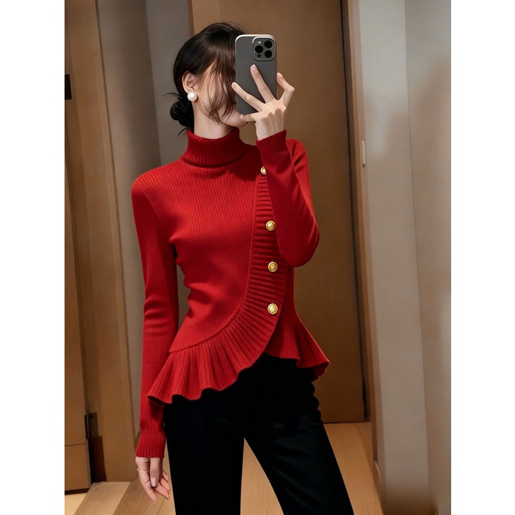红色荷叶边高领毛衣女秋冬小众设计感高端超好看气质掐腰针织上衣