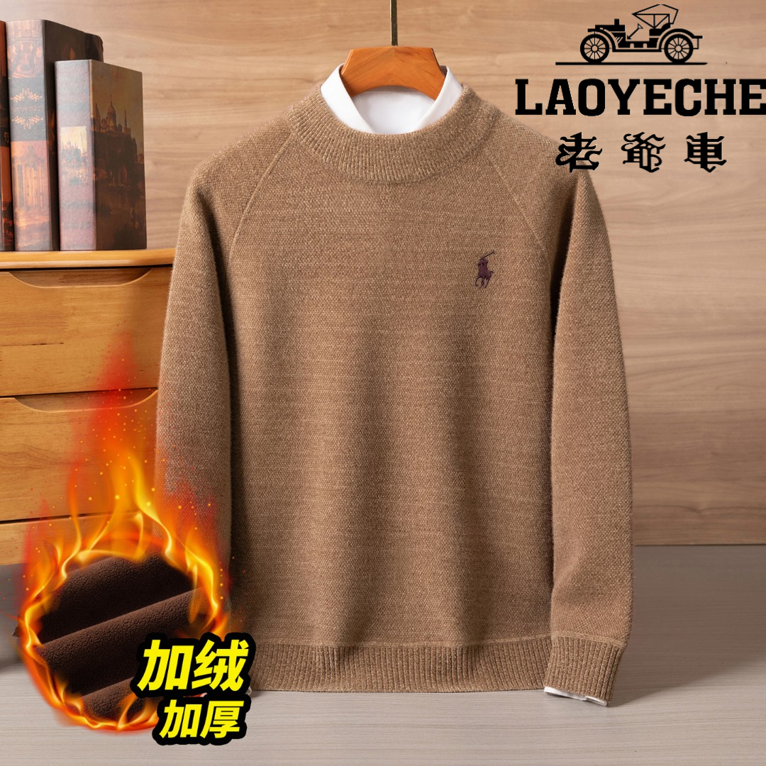 老爷车男士圆领长袖冬季纯色毛衣针织衫加绒加厚打底衫半高领