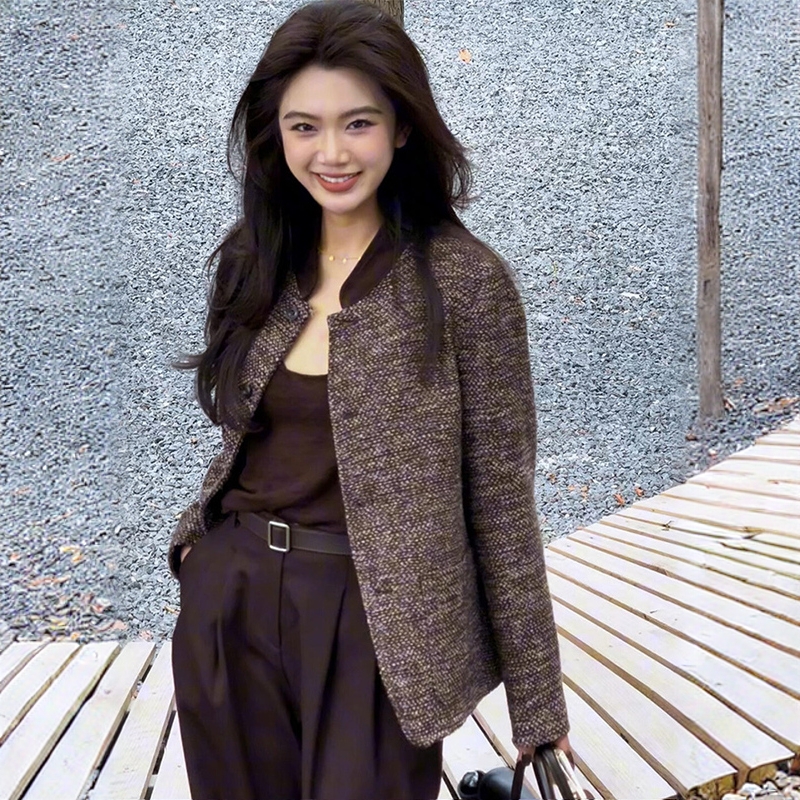 时尚复古粗花呢立领短外套2025年秋新款宽松休闲小个子上衣设计感