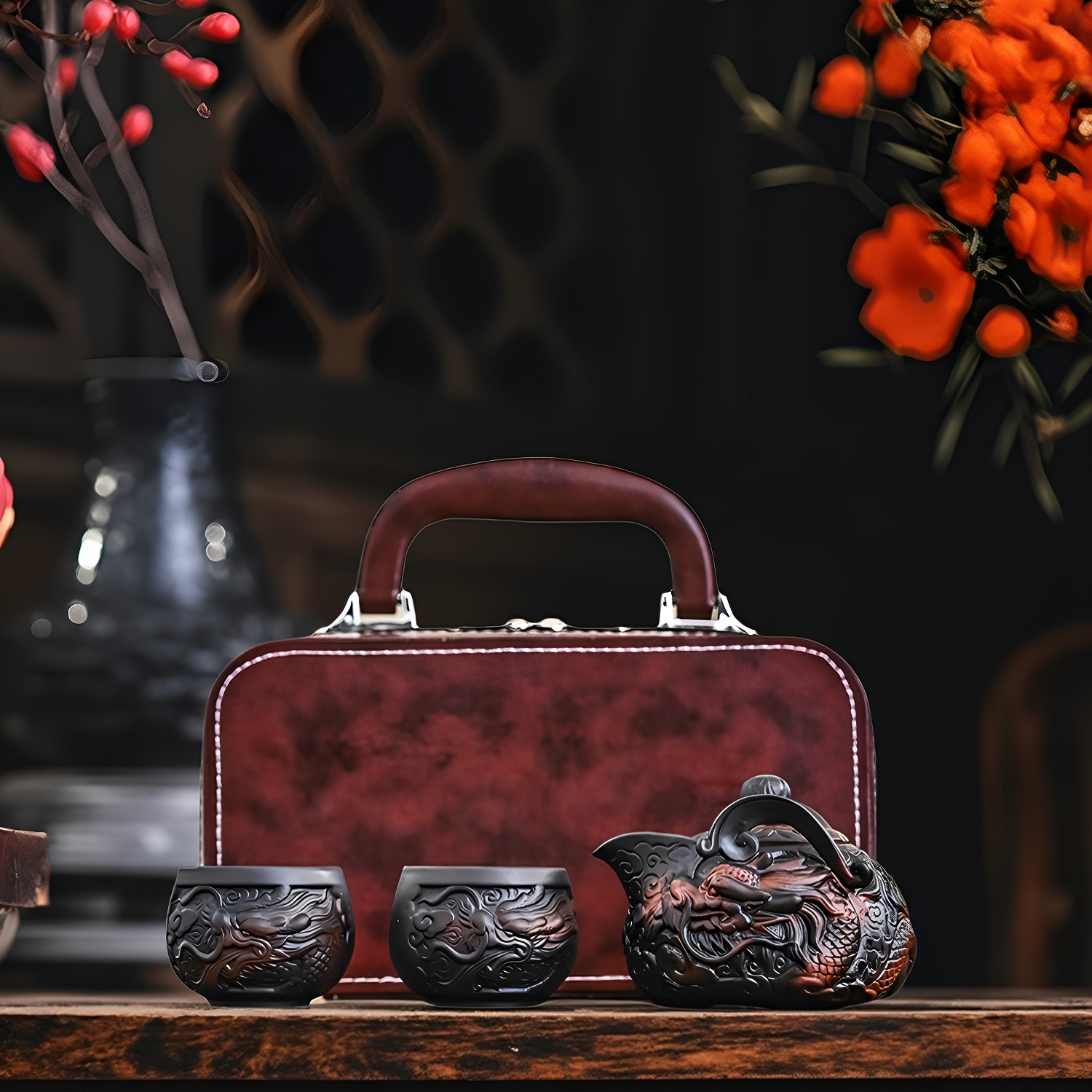 建水紫陶茶壶一壶二杯旅行功夫茶具祥龙手抓壶手工户外便携式家用