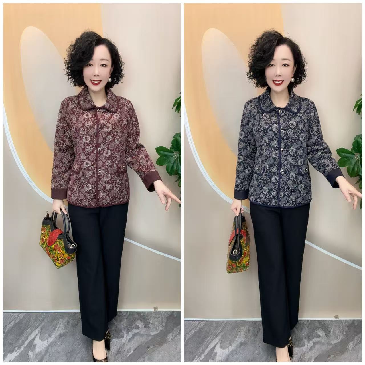 078新款小花朵加里衬中老年妈妈时尚宽松大码外套上衣，衣长64