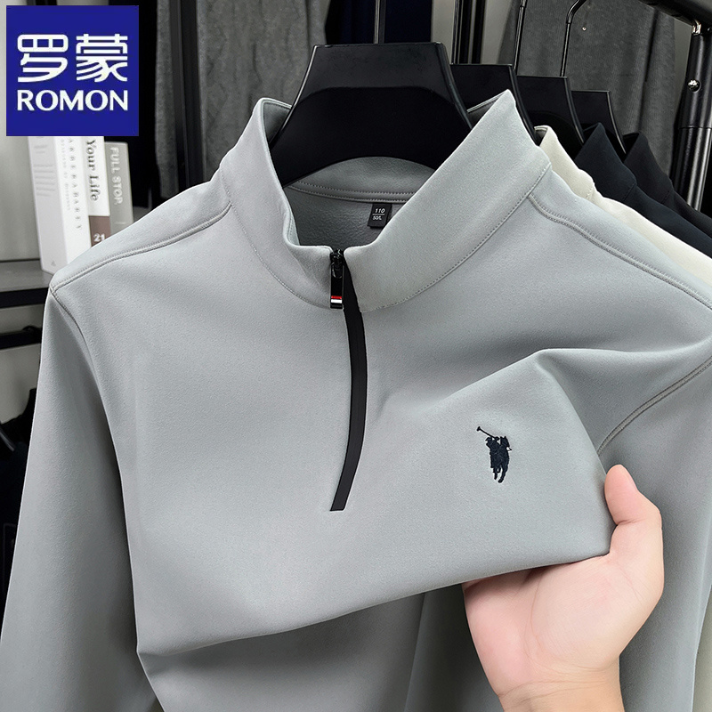 罗蒙半拉链立领休闲简约纯色长袖卫衣秋冬季中年马标刺绣男士上衣