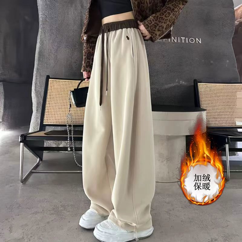 慵懒风加绒刺绣阔腿裤冬加厚高腰宽松拼色休闲弯刀裤