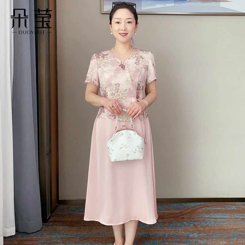 SL妈妈夏装2025新款连衣裙新中式洋气假两件中老年女时尚显瘦裙子