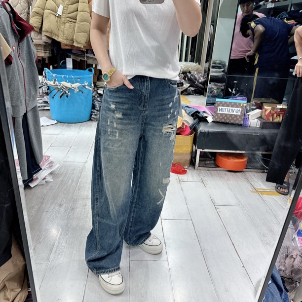 新款时尚水洗破洞弯刀后松紧腰牛仔裤69160