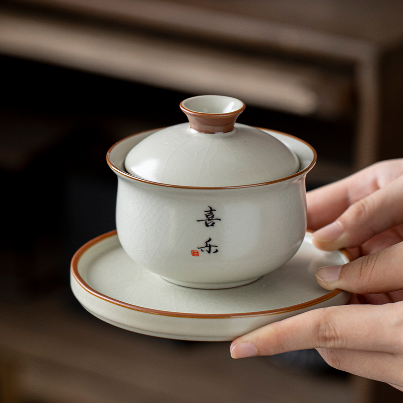 汝窑米黄三才布袋盖碗茶杯可悬停旋转陶瓷单个高档茶杯泡茶具定制