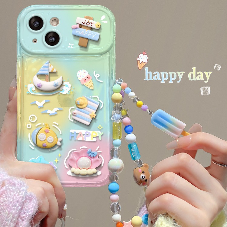 适用苹果15透明手机壳iphone14pro夏日海洋公仔链条13/12翻盖镜子