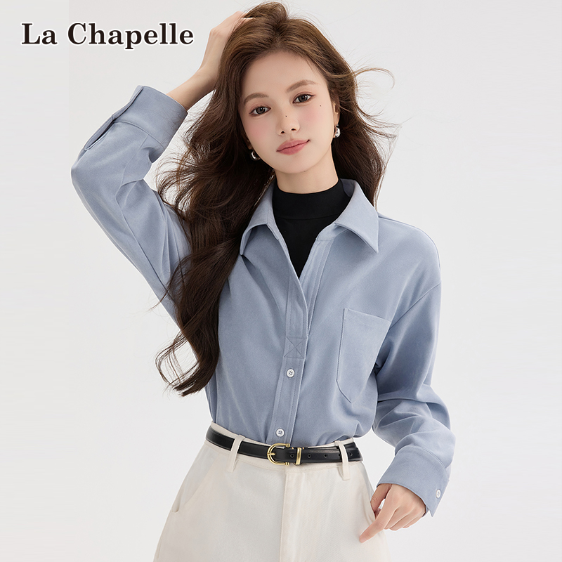拉夏贝尔翻领假两件加厚衬衫女冬季新款层次感衬衣百搭上衣打底衫