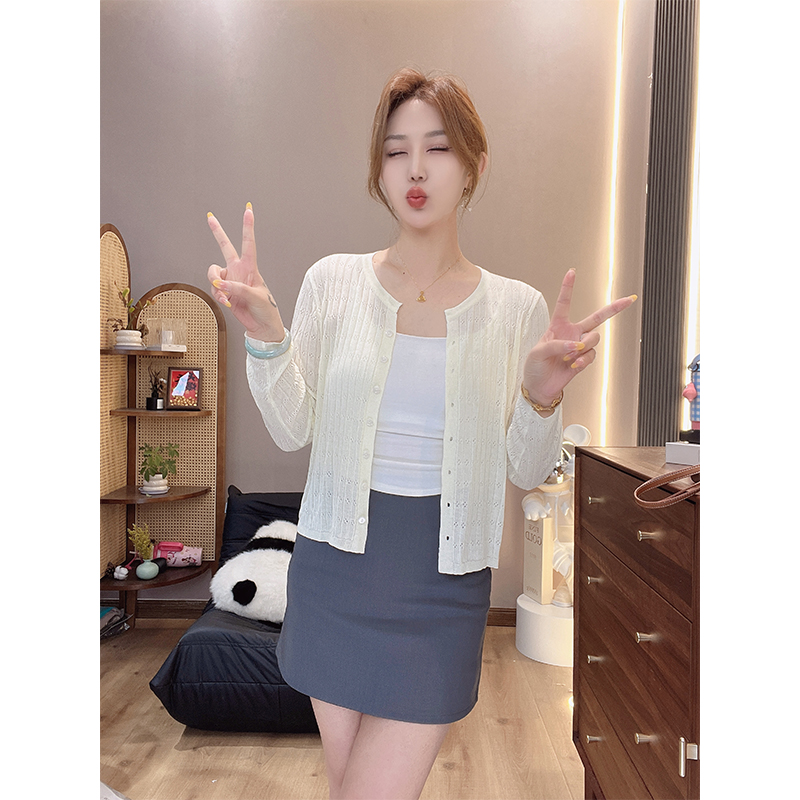 针织衫防晒衫夏季新款清新圆领提花亚麻镂空长袖显瘦短款空调衫