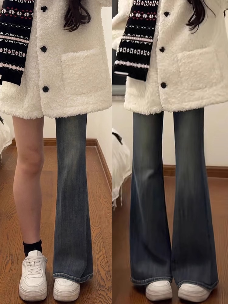 梨形身材复古蓝微喇牛仔裤女秋季新款胖妹妹mm高腰弹力显瘦喇叭裤