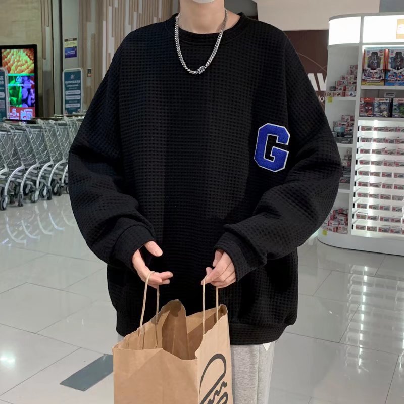 衣服宽松卫衣百搭港风ins华夫格潮牌圆领外套潮流男春季无帽刺绣