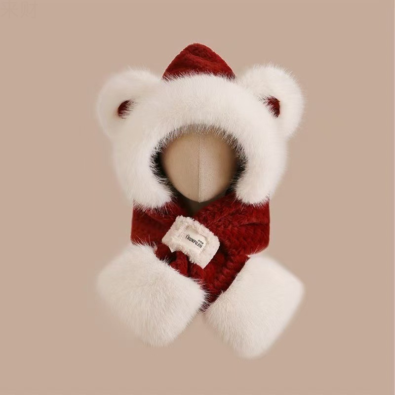帽子女2025新款秋冬围巾一连帽小熊可爱骑车加厚保暖护耳毛绒帽