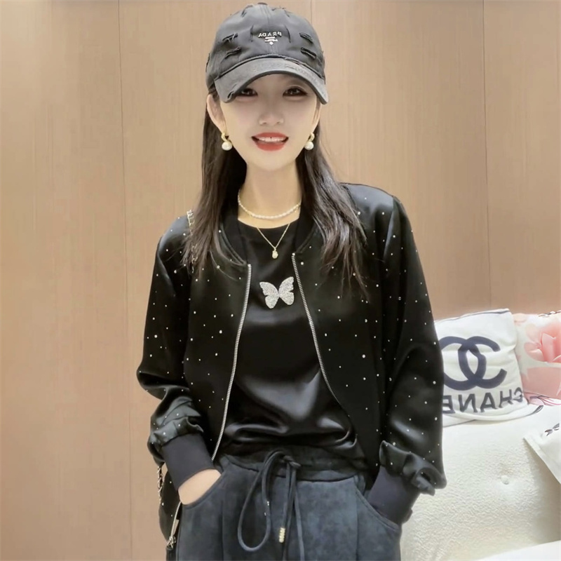 欧货气质百搭休闲棒球服飞行夹克上衣亮钻短款外套女2025春季新款