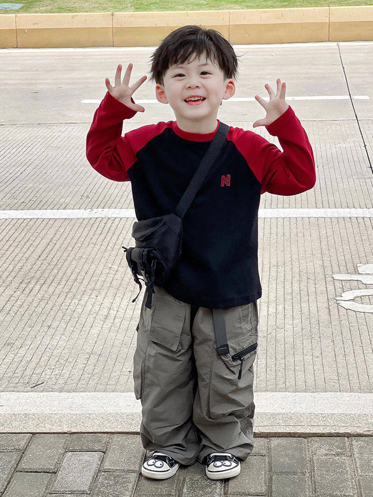 男童装2025春季新款儿童拼色插肩袖加绒洋气圆领长袖T恤宽松上衣