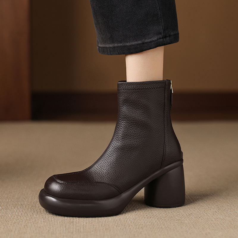 7cm粗跟复古靴子真皮圆头厚底短靴舒适高跟秋冬百搭单靴加绒女鞋