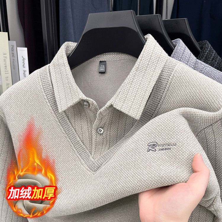 超厚冬季貂绒一体绒加绒假两件毛衣翻领保暖休闲男士爸爸装打底衫