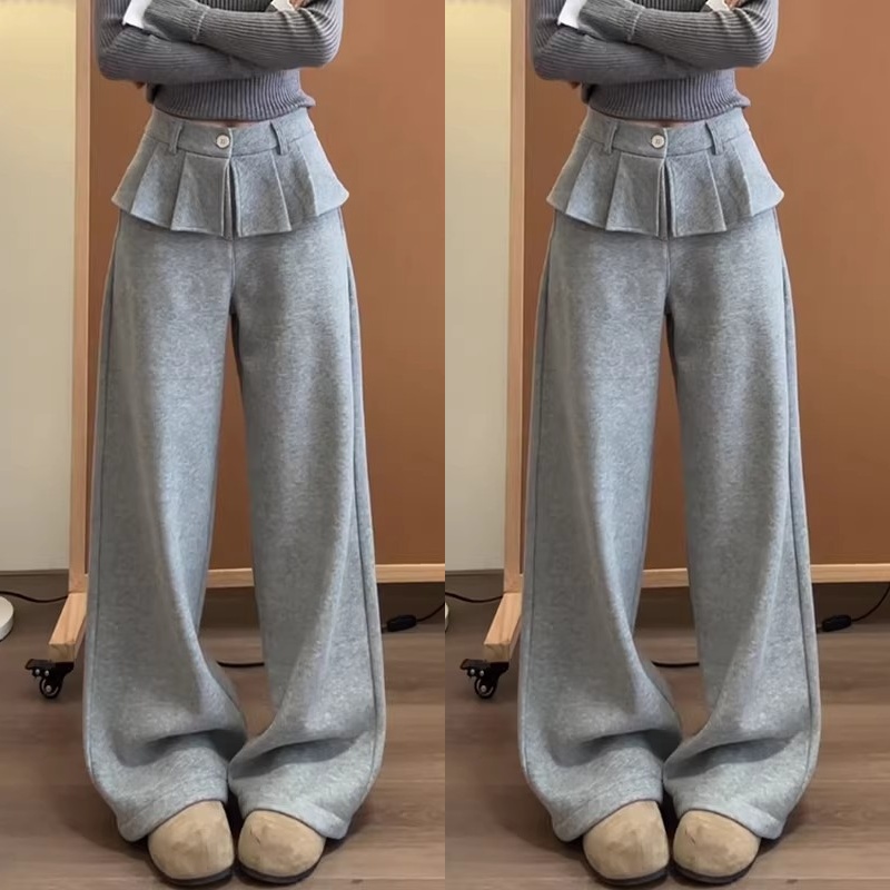 灰色拼接屁帘加绒直筒裤女冬季2026新款小个子高腰垂感加厚阔腿裤
