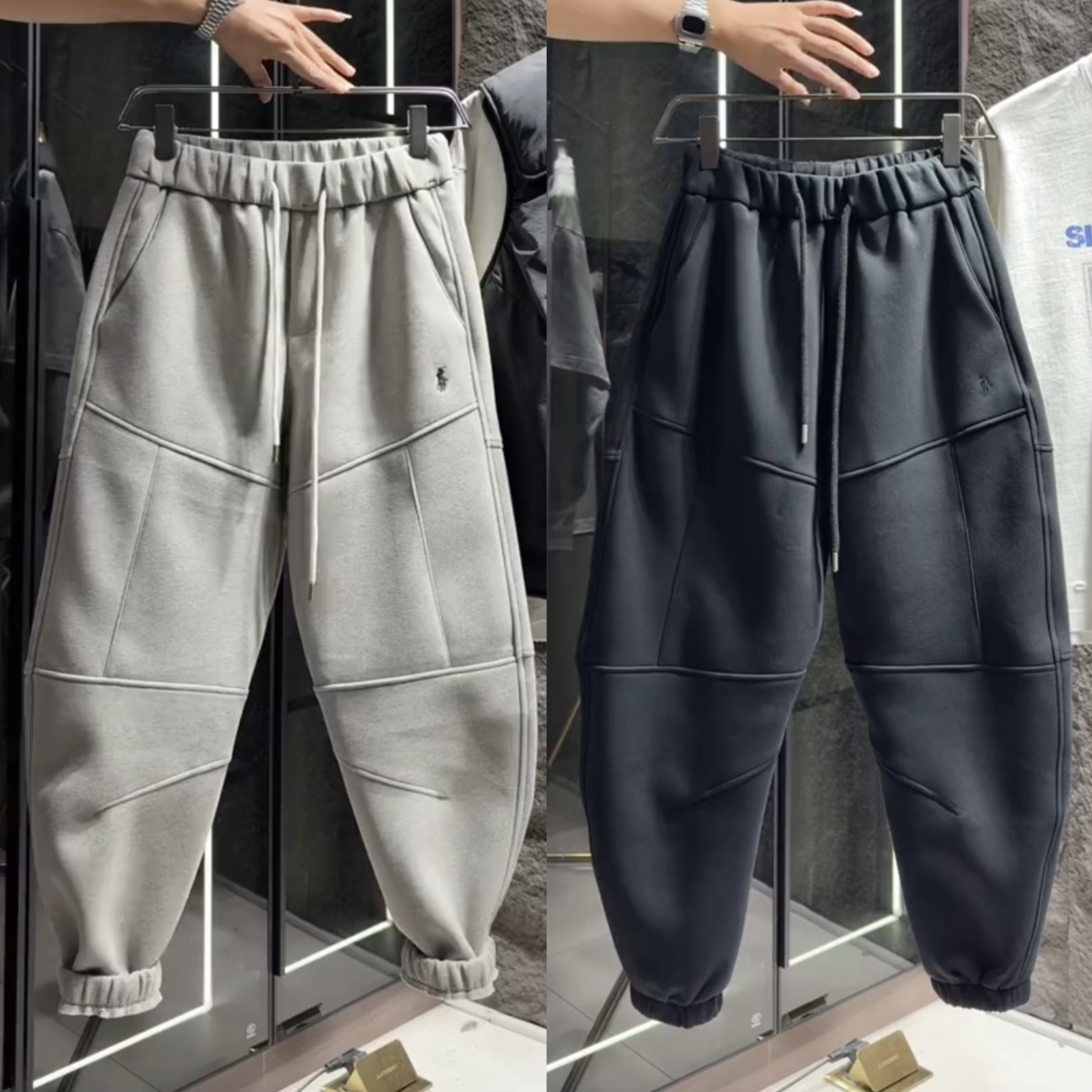 秋冬新款拼接刺绣弯刀休闲裤男款高档时尚百搭纯色宽松束脚卫裤