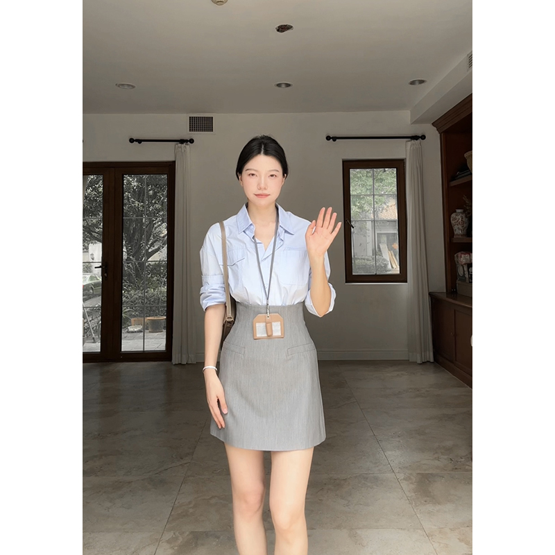 郭九九呢 100%棉简约宽松显瘦长袖衬衫高腰短半裙 G925A00416-1