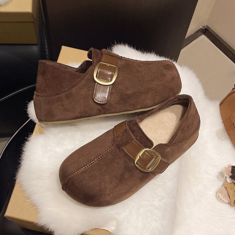 厚底勃肯面包鞋女2025秋冬新款玛丽珍包头增高加绒两穿懒人乐福鞋