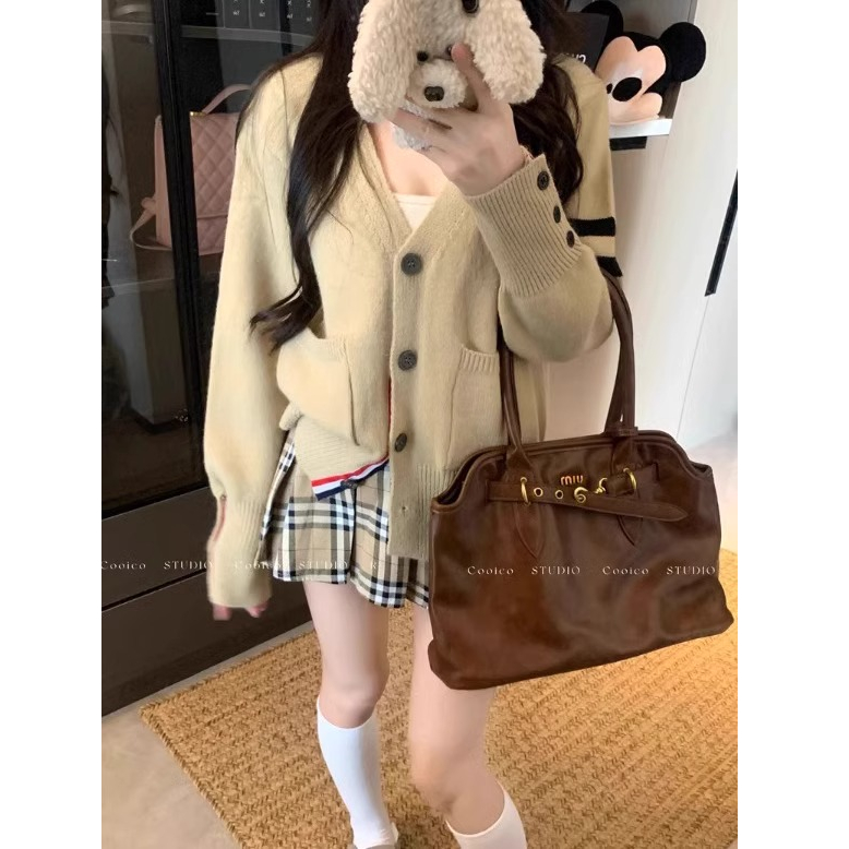 kumikumi复古卡其色宽松针织开衫女早秋慵懒风百搭小个子软糯毛衣